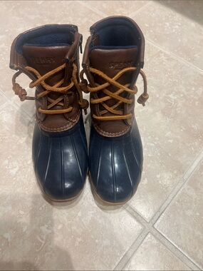Sperry Navy and Brown Kids Duck Boots